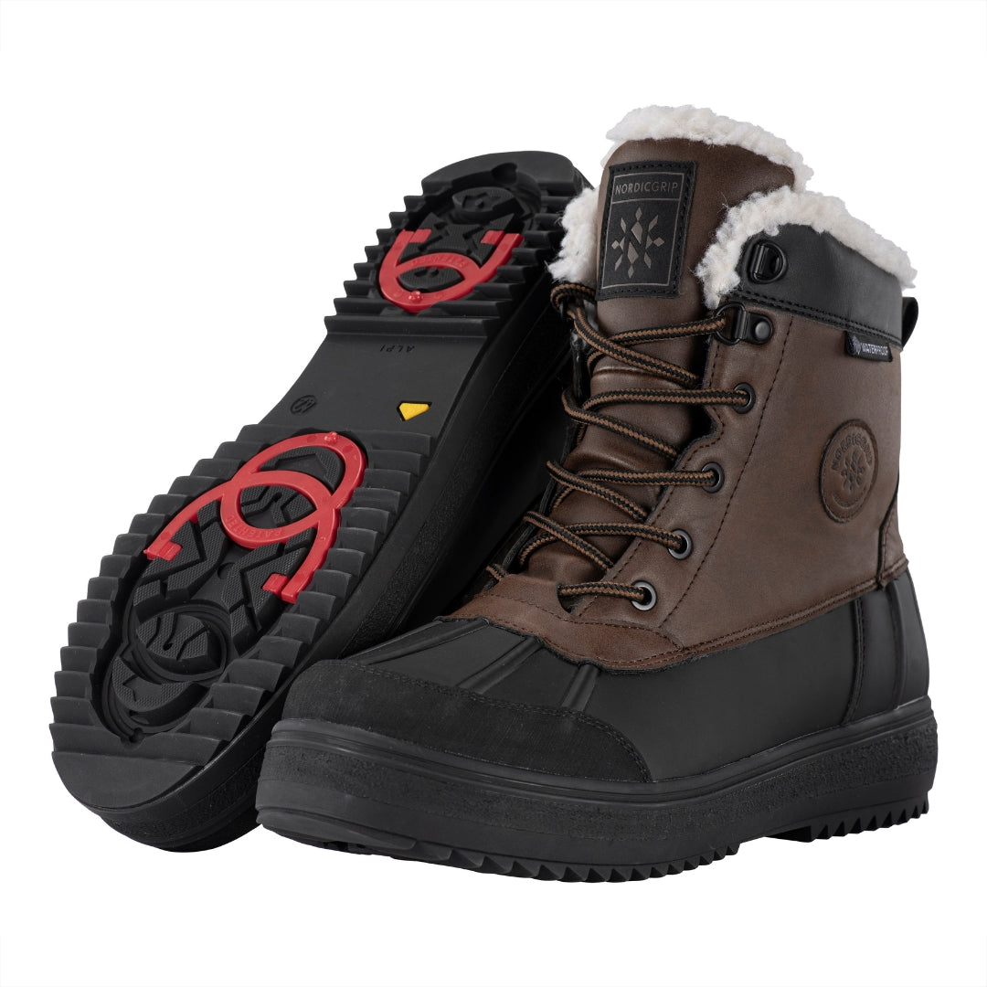 Hoher Winterschuh mit Spikes Nordic Grip braun